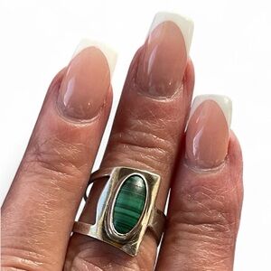 Geometric Sterling Silver Ring with Large Malachite Stone